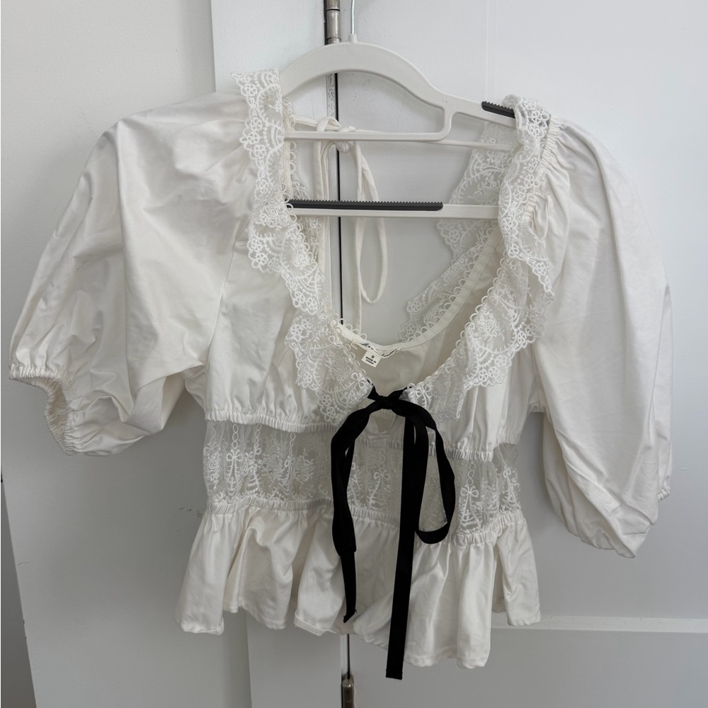 For Love & Lemons White Lace Peasant Top with Black Ribbon